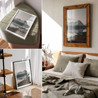 Decorative poster mountain view with mirror reflection on calm water