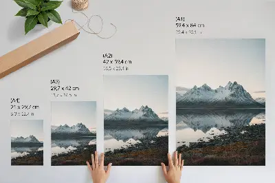 Decorative poster mountain view with mirror reflection on calm water