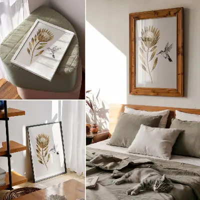 Hummingbird and flower premium wall art in a modern tone