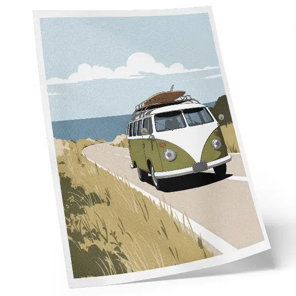 Poster retro coastal road van illustration