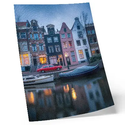 Art print colorful tenement houses at evening reflected in water