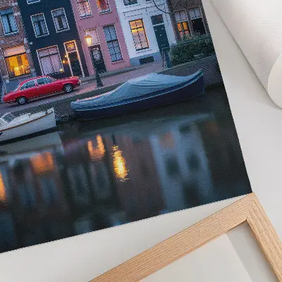Art print colorful tenement houses at evening reflected in water