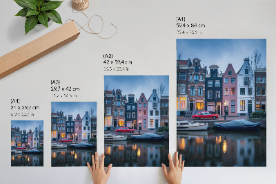 Art print Colorful tenement houses, evening atmosphere, reflected in the water