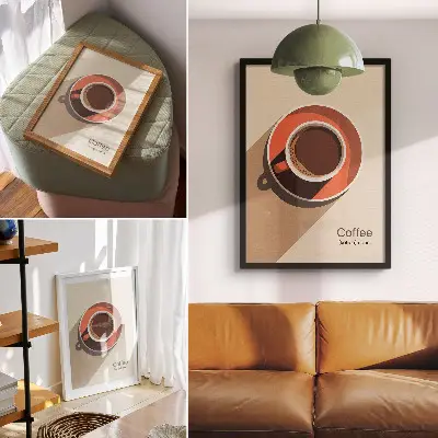 Coffee cup decorative poster minimalist design in warm colors
