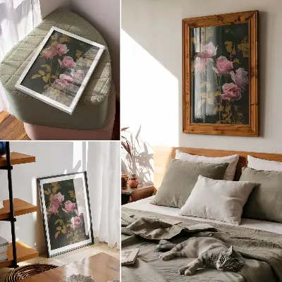 Poster pink roses with green leaves and gold accents elegance