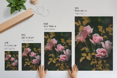 Poster Pink roses green leaves gold accents elegance
