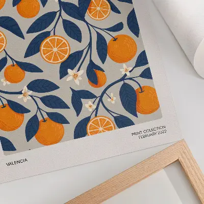 Decorative poster with orange and gray leaves on a dark background in a modern style