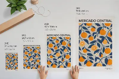 Decorative poster with orange and gray leaves on a dark background in a modern style