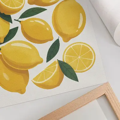 Poster golden lemons with green leaves on a bright background