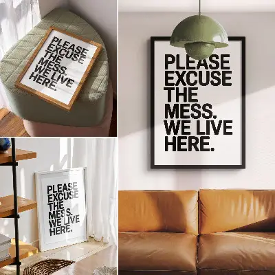 Premium wall art humorous text in a minimalist high-contrast style