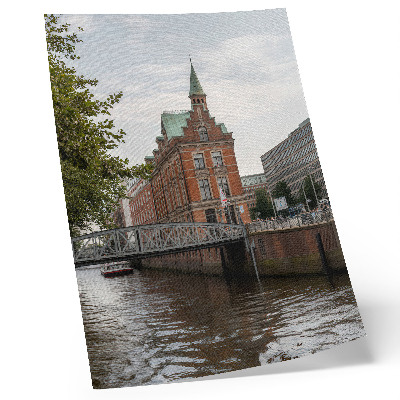 Art print Historic building brick facade river bridge turret