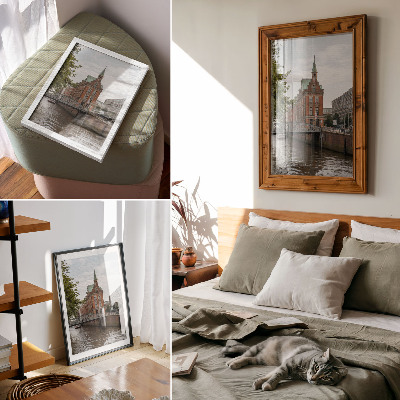 Art print Historic building brick facade river bridge turret