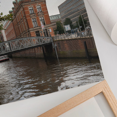 Art print Historic building brick facade river bridge turret