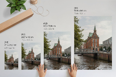 Art print Historic building brick facade river bridge turret