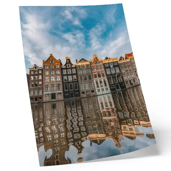 Art print colorful tenement houses reflected in a canal