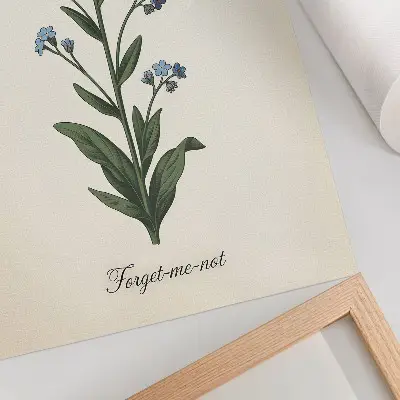 Decorative poster featuring forget-me-nots and a butterfly on a cream background