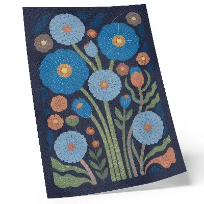 Premium wall art blue flowers with orange accents on a navy blue background