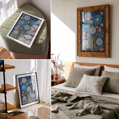 Premium wall art Blue flowers, orange accents, navy blue background