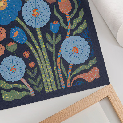 Premium wall art Blue flowers, orange accents, navy blue background