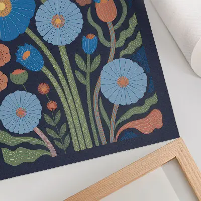 Premium wall art blue flowers with orange accents on a navy blue background