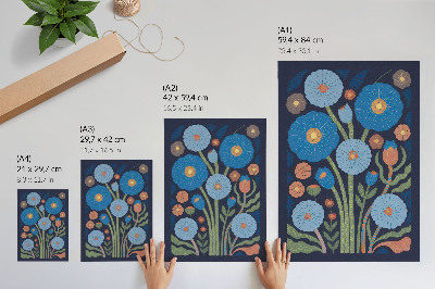 Premium wall art Blue flowers, orange accents, navy blue background