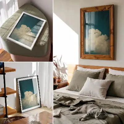 Poster white clouds and two birds in a turquoise sky