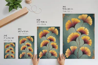 Decorative poster yellow leaves on a turquoise background with a modern vibe