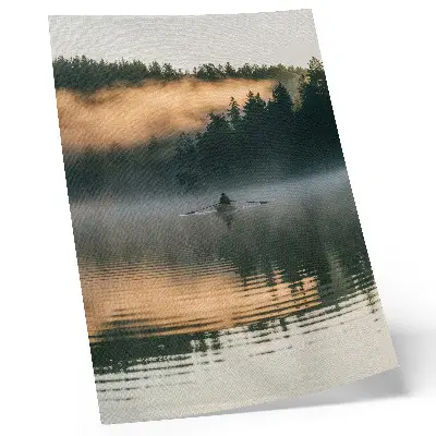 Art print foggy boat on a lake with green trees and water reflections