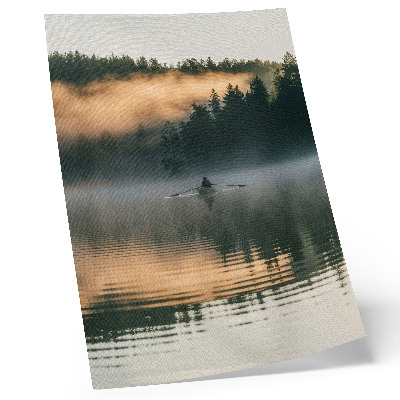 Art print Foggy boat on the lake green trees water reflections