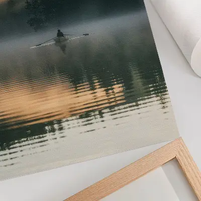Art print foggy boat on a lake with green trees and water reflections