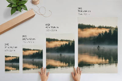 Art print Foggy boat on the lake green trees water reflections