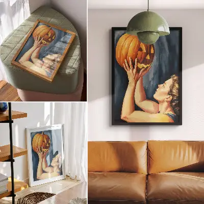 Premium wall art surreal orange pumpkin on a dark blue background