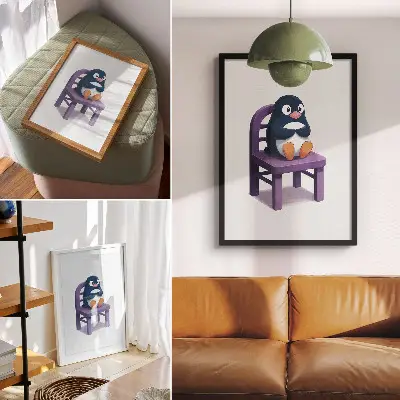 Poster featuring a minimalist purple penguin on a chair