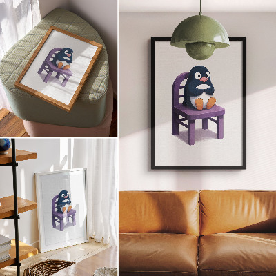 Poster Purple Penguin on a Chair Joy Minimalism