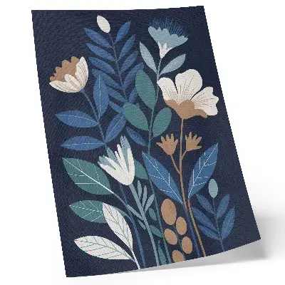 Decorative poster with blue leaves, cream flowers, and brown accents