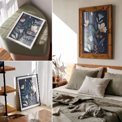Decorative poster with blue leaves, cream flowers, and brown accents