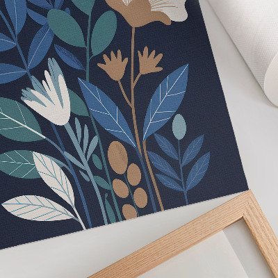 Decorative poster Blue leaves, cream flowers, brown accents