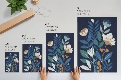 Decorative poster with blue leaves, cream flowers, and brown accents