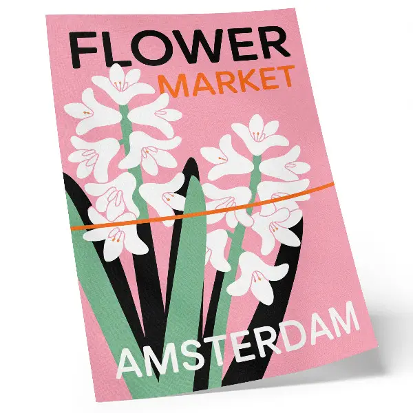 Poster white flowers featuring pink lettering and green accents
