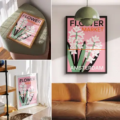 Poster white flowers featuring pink lettering and green accents