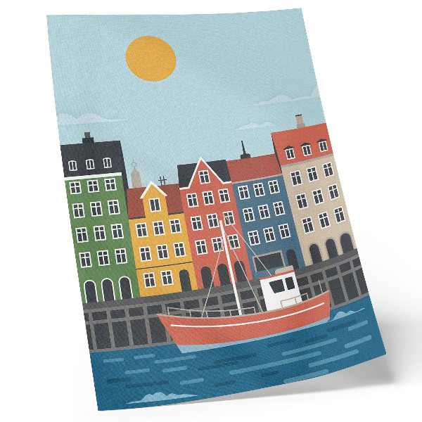 Premium wall art Colorful tenement houses boat on the water bright day