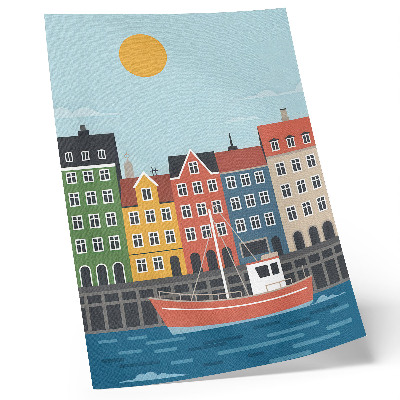 Premium wall art Colorful tenement houses boat on the water bright day