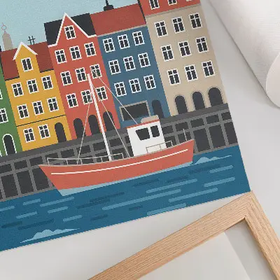 Premium wall art colorful tenement houses with a boat on the water on a bright day