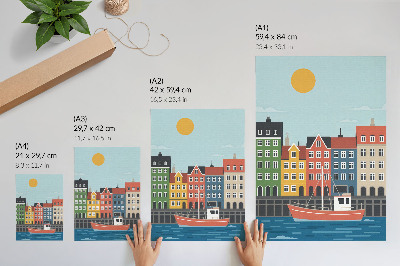Premium wall art Colorful tenement houses boat on the water bright day