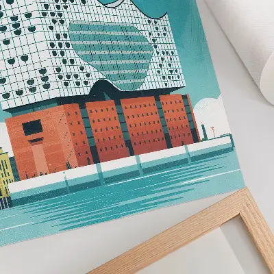 Art print modern architecture in blue tones with clouds