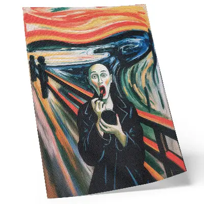 Decorative poster featuring an expressive figure in vivid colors with dynamic lines