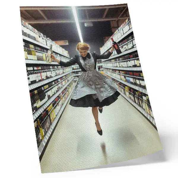 Poster a woman in a retro dress jumping in a shop