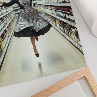 Poster a woman in a retro dress jumping in a shop