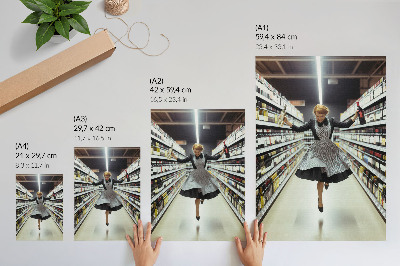 Poster A woman in a retro dress jumps in a shop
