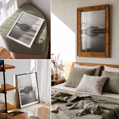 Premium wall art Shades of gray mountains lake reflection harmony